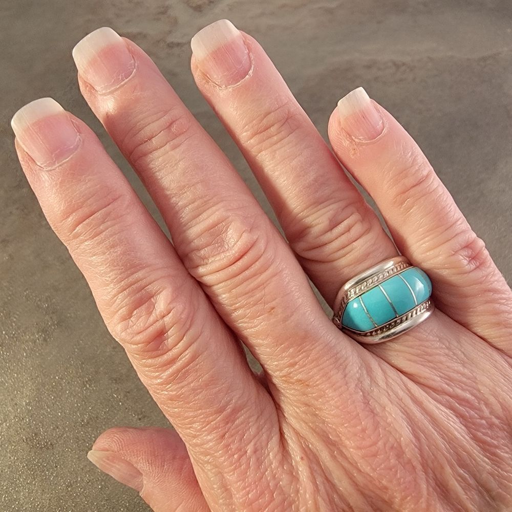 Albert Francisco Sterling Navajo Blue Turquoise Cable Bezel Set Channel Ring - Picture 7 of 9